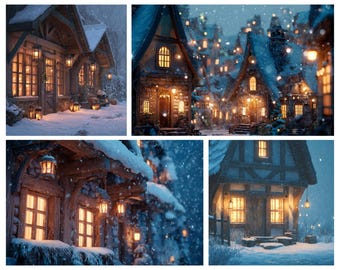 Acogedora cabaña invernal / Paquete de casas navideñas nevadas con IA / Arte mágico para una noche festiva / Conjunto PNG de luces cálidas para diseñadores y redes sociales