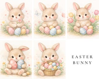 Set de acuarelas de conejito de Pascua / Decoración infantil primaveral en tonos pastel (descarga digital)