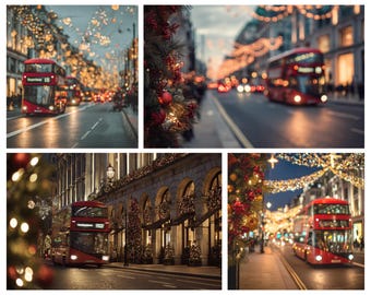 Conjunto PNG navideño de Londres / Luces festivas de la ciudad, autobús de dos pisos (descarga digital)