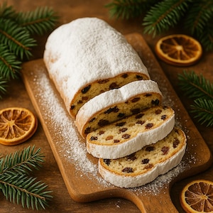 Puede incluir: Un stollen en rodajas, espolvoreado con azúcar glas, sobre una tabla de madera. El pastel, con pasas visibles, se presenta con rodajas de naranja seca y ramitas de hoja perenne, evocando un ambiente festivo. Un manjar tradicional.