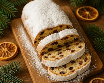 Imagen de pan Stollen navideño con IA / Fotografía de comida navideña (Uso comercial)