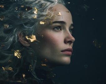 Retrato de diosa submarina con IA / Mujer etérea de cabello plateado (Arte digital)