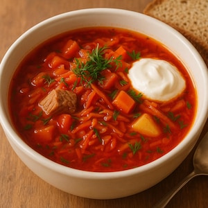 Peut inclure: Un bol de soupe de bortsch rouge vif, garni d'aneth frais et d'une cuillerée de crème sure blanche crémeuse. La soupe contient des morceaux de viande, de carottes et de pommes de terre. Une tranche de pain est visible en arrière-plan. La soupe est servie dans un bol blanc.