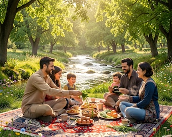 Sizdah Be-dar Picnic Art – Persian Nowruz Family Scene, Spring Nature Decor