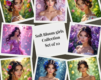Blumen Mädchen Kunstdrucke | Romantische Pastell Botanische Illustration (10er Set, digitaler Download)