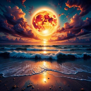 Ember Moon Over the Sea | Utskrivbar väggkonst med himmelsk fantasi och hav