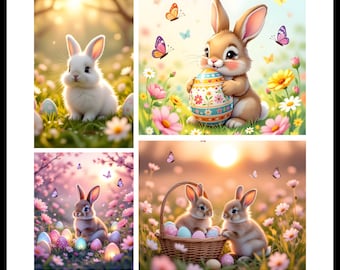 Easter Bunny Wall Art Set of 4, Spring Decor, Whimsical Easter Illustration, Digital Print