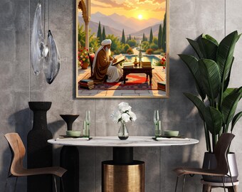 Persian Scholar in Sunset Garden – Inspirational Oriental Art Print