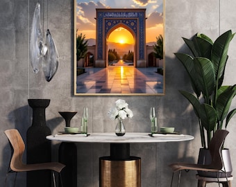 Goldener Sonnenuntergang Persischer Torbogen | Islamische Architektur Wandkunst | Naher Osten Digitaldruck
