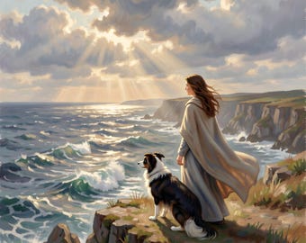Woman Dog Ocean Cliff Art, Sunset Seascape Painting, Serene Coastal Landscape (Digital Download)