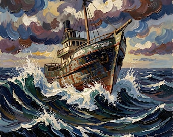 Textured Ship Painting, Impressionist Seascape Canvas, Nautical Wall Art
