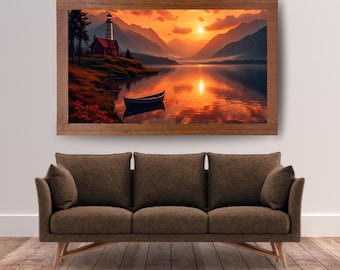 Sonnenuntergang See Landschaftsdruck, Goldene Stunde Spiegelung, Bergblick, Leuchtturm, Boot (Digitaler Download)