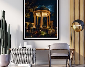Hafez Grab Shiraz Nacht, Persischer Gartenpavillon, Iran Kulturelle Wahrzeichen Wandkunst, digitaler Download
