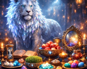 Majestic Lion Haft Seen Table Art – Persian Nowruz Fantasy Wall Decor (Digital Download)