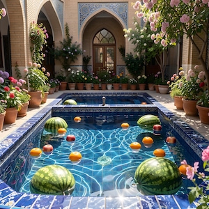 May include: A serene outdoor scene featuring a blue-tiled pool with watermelons, oranges, and apples floating on the surface. The pool is surrounded by potted plants, flowers, and architectural elements, creating a tranquil atmosphere.