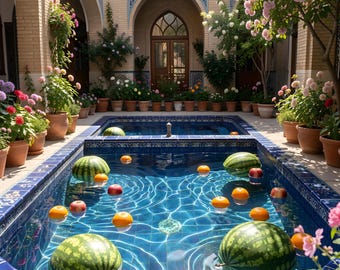 Persian Courtyard Pool Set – Koi Fish & Floating Fruit Garden, Spring Fantasy Wall Art