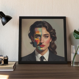 Może przedstawiać: Oprawiony wydruk artystyczny przedstawiający portret z podzieloną twarzą. Z jednej strony kobieta z długimi brązowymi włosami, z drugiej mężczyzna z wąsami, oboje w garniturach. Twarz mężczyzny to kolorowy geometryczny wzór.