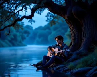 Guitar Player by Lake, Moody Blue Art, Peaceful Nature Scene, Cinematic Illustration (Digital Download)