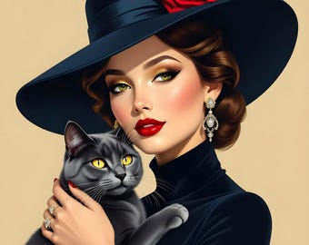Lady and Cat Art Print Set – Red Rose Hat Lady – 2 Piece Fashion Illustration
