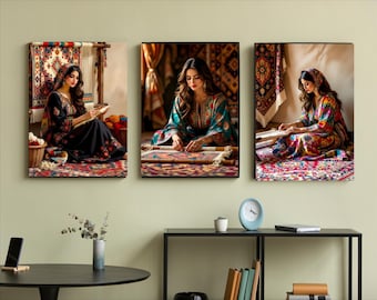 Traditional Weaving Art – Set of 3 | Iranian Woman Wall Art | Digital Download