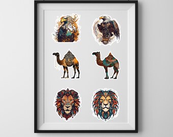 Calligraphy Animal Stickers – Eagle, Lion & Camel Art – 6 Unique Artistic Stickers