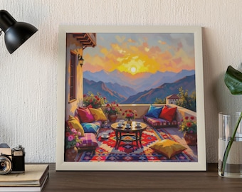 Kurdish Mountain Terrace Set , 2 Iranian Landscape Art Prints | Sunset & Moonlit Terrace