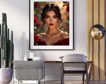 Elegantes Rosen-Mädchen-Porträt | Rote Blumen Romantische feminine Wandkunst | Digitales Kunstwerk