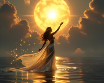 Fantasy Art Print, Golden Woman, Flowing Dress, Magical Sparkles (Digital Download)