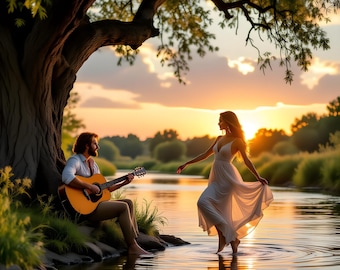 Romantic Sunset Couple Wall Art, Guitar Love Scene, Golden Hour Photography (Digital Download)