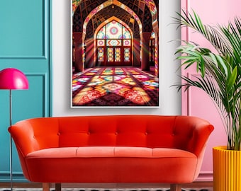 Bunte persische Glasmalerei-Innenkunst, Nasir al-Mulk-Moschee inspiriert, Regenbogen-Lichtarchitektur