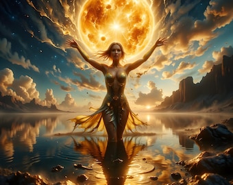 Golden Goddess Holding Sun Art Print, Celestial Light Fantasy Wall Art (Digital Download)