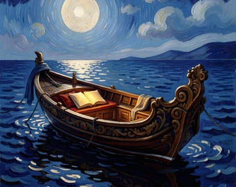 Moonlit Boat Painting, Starry Night Ocean Art, Vintage Style Illustration (Digital Download)