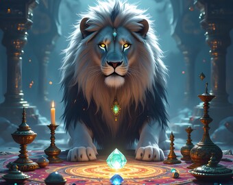 Mystical Lion Wall Art Set, Fantasy Animal Decor, Glowing Crystal (Digital Download)