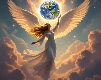 Heavenly Angel Holding Earth Set of 2 | Divine Light Guardian Art | Spiritual Wall Decor