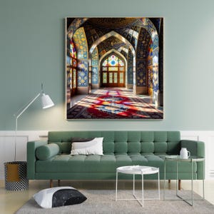 Interior de la Mezquita de Isfahán, Arte mural de arquitectura persa, Vidrieras coloridas, Descarga digital