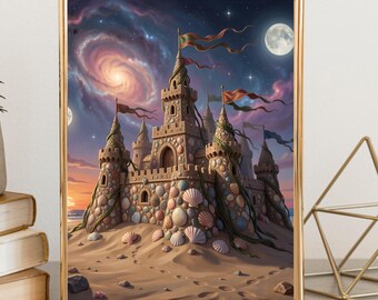 Fantasy Sand Castle Print Set | Moonlit Beach, Whimsical Coastal Art (Digital Download)