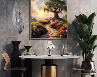 Magical Garden Landscape Prints Set | Whimsical Sunset Tree, Floral Path (Digital Download)