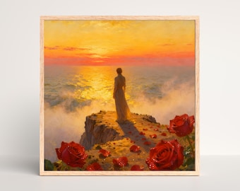 Romantic Sunset Ocean Art, Dreamy Love Scene, Emotional Wall Art, Cinematic Illustration, Digital Download