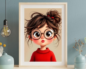 Skurril Cartoonish Mädchen Porträt 3er-Set, Große Augen Illustration Wandkunst