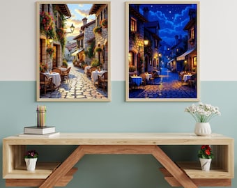 Romantisches Europäisches Dorf Tag & Nacht Set | Gemütliche Steinstraße Wandkunst