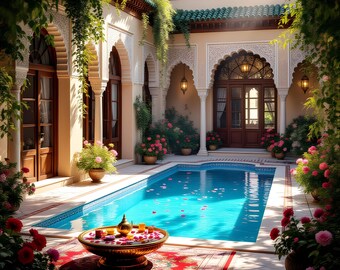 Persian Courtyard Duo – Ultra-Realistic Blue Pool &Cozy spot, Spring Garden Art Set