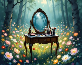 Enchanted Forest Vanity Illustrations, Whimsical Floral Fantasy Art (Set of 2 Digital Downloads)