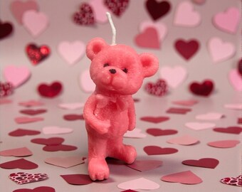 Pink Teddy Bear Candle – Handmade Soy Blend Wax, Bow Tie Decor