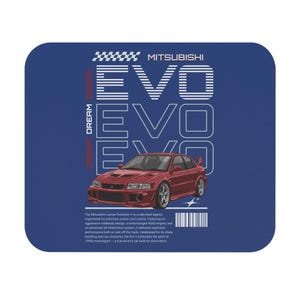 May include: A square, blue coaster featuring a red Mitsubishi Lancer Evolution V car illustration. The word "EVO" is displayed in large white letters, with "MITSUBISHI" above. Text below describes the car's features.