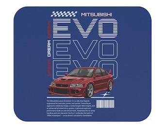 May include: A square, blue coaster featuring a red Mitsubishi Lancer Evolution V car illustration. The word "EVO" is displayed in large white letters, with "MITSUBISHI" above. Text below describes the car's features.