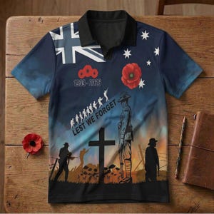Australia April 25th 1939-2026 Memorial Polo | Lest We Forget Soldier Cross & Red Poppy Shirt