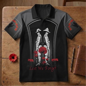 Australia Memorial April 25th Black Polo | Lest We Forget Red Poppy Soldier Silhouette Shirt