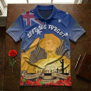 Könnte beinhalten: Blaues Poloshirt mit australischem Flaggenmuster und dem Schriftzug "Lest We Forget". Das Shirt zeigt einen salutierenden Soldaten, eine Silhouette von Soldaten und rote Mohnblumen. Die Worte "Australian Military Forces" sind ebenfalls vorhanden.