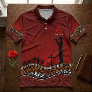 Könnte beinhalten: Burgunderfarbenes Poloshirt mit einem grafischen Design, das eine Silhouette eines Trompete spielenden Soldaten, ein Kreuz und den Text "1914-2026" zeigt. Das Shirt hat ein rotes Mohnblumen-Design und ein von der Aborigine-Kunst inspiriertes Muster auf den Ärmeln.