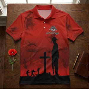 Könnte beinhalten: Rotes Poloshirt mit einem grafischen Design, das eine Soldatensilhouette, ein Kreuz und den Text "Lest We Forget" zeigt. Das Shirt hat einen Kragen und kurze Ärmel. Eine Mohnblume ist links zu sehen.